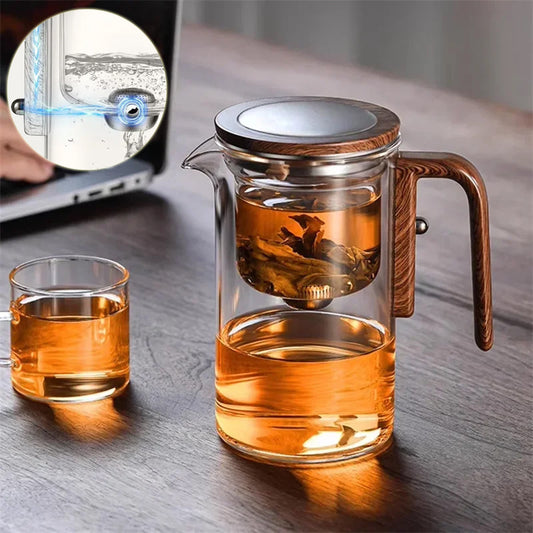 One Click Magnetic Teapot Separation Filtration Glass Tea Pot Wood Handle Tea Water Separation Inner Container Teapot BargainsRule