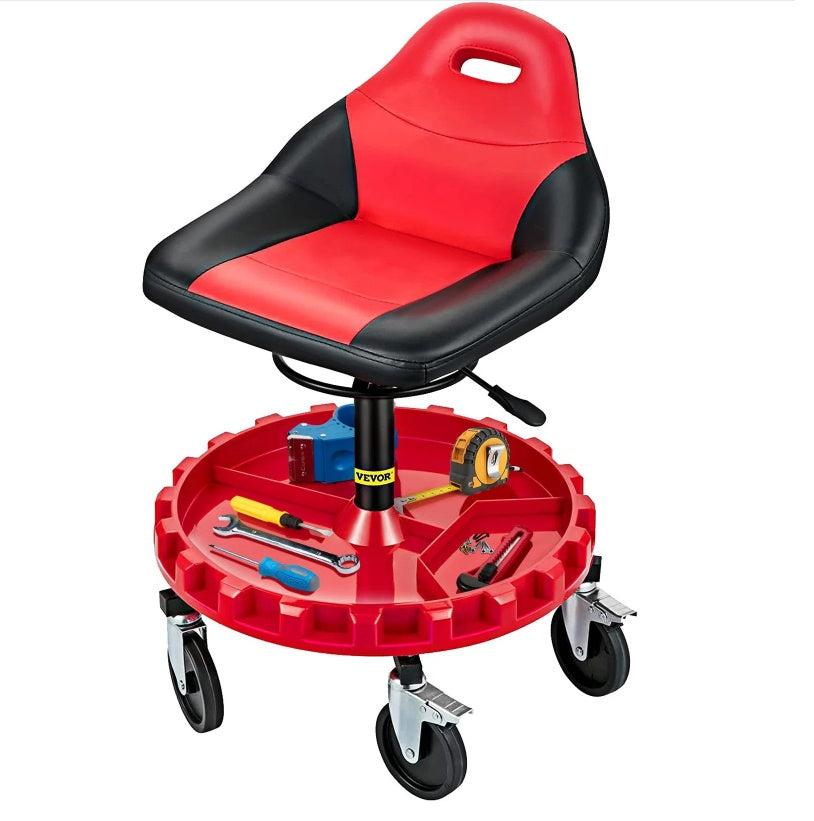 Rolling Garage Stool, 300LBS Capacity, 18-23 Adjustable Height Range, Mechanic Seat With Swivel Casters And Tool Tray, For Workshop, Auto Repair Shop, Red