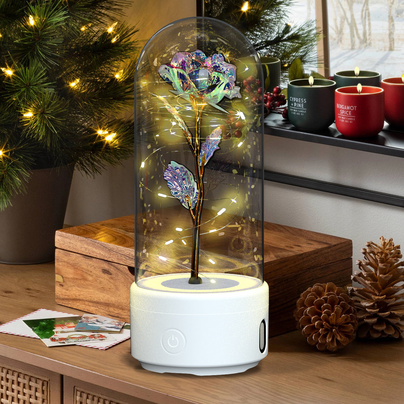 Creative 2 In 1 Rose Flowers LED Light And Bluetooth-compatible Speaker Valentine's Day Gift Rose Luminous Night Light Ornament In Glass Cover BargainsRule