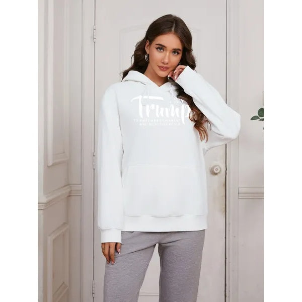 Women Basic Sweatshirt Casual Hooded Sweatshirt Autumn Winter Padded Long Sleeve Trump Alphabet Printed Top Oversize