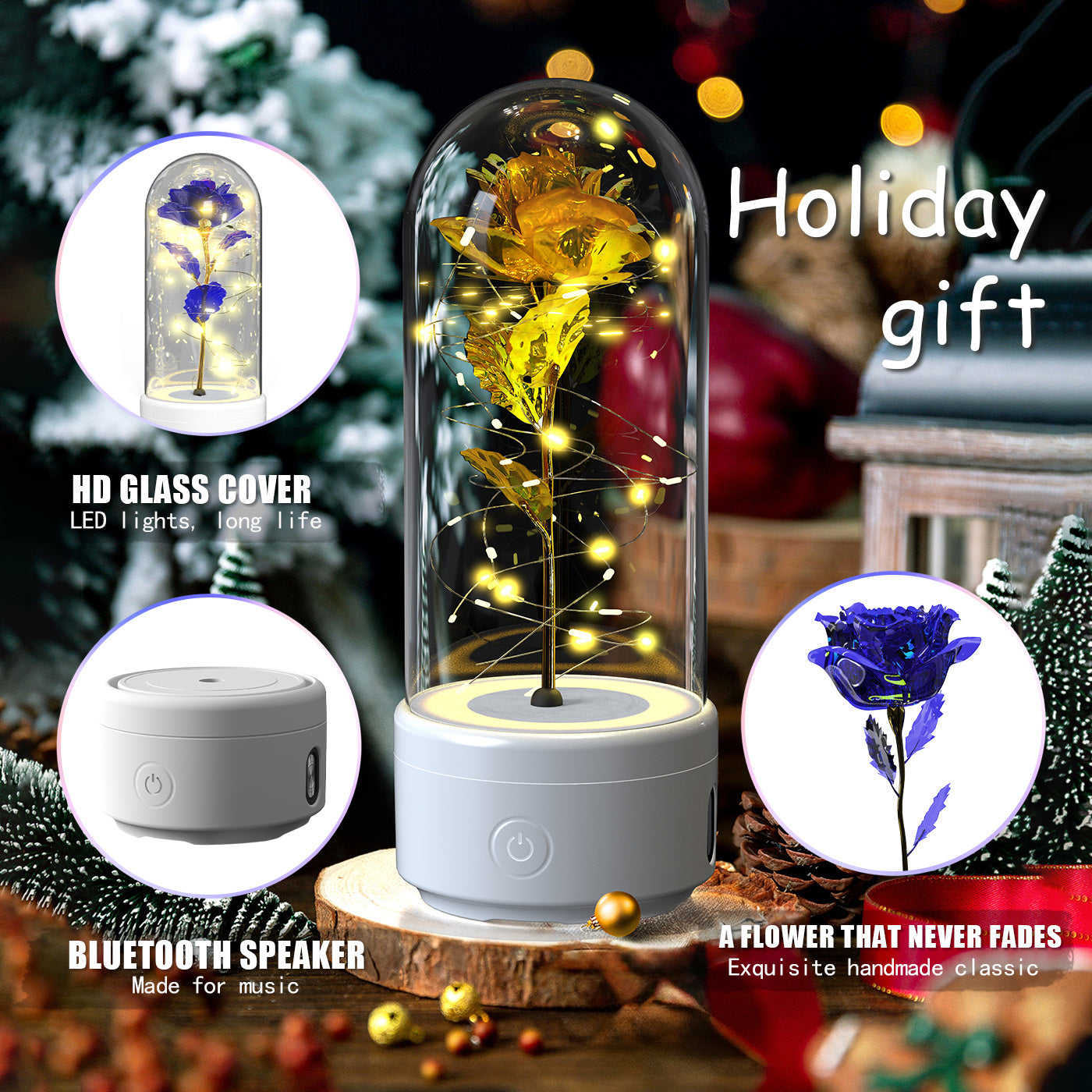 Creative 2 In 1 Rose Flowers LED Light And Bluetooth-compatible Speaker Valentine's Day Gift Rose Luminous Night Light Ornament In Glass Cover BargainsRule