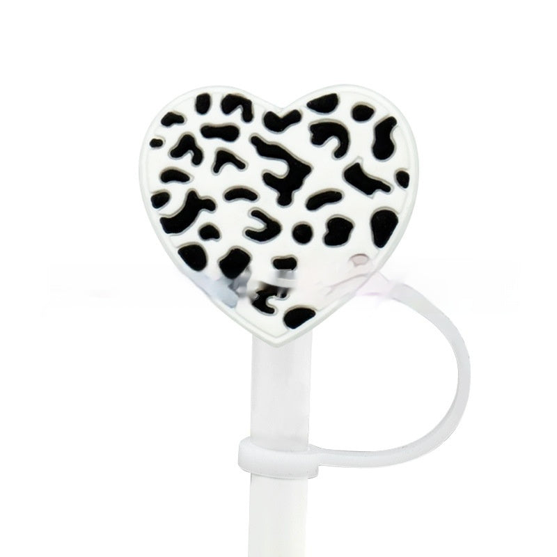 Love Leopard Pattern Grass Mouth Straw Hat Silicone Dust Plug Cute Anime Party Straw Decoration