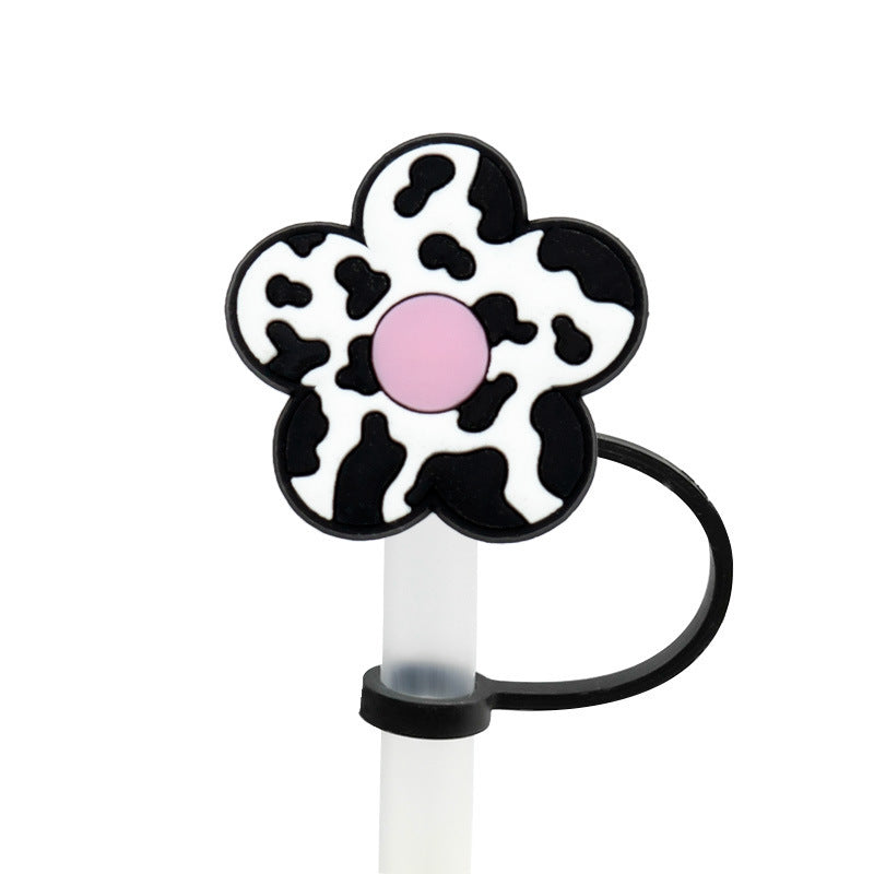 Love Leopard Pattern Grass Mouth Straw Hat Silicone Dust Plug Cute Anime Party Straw Decoration