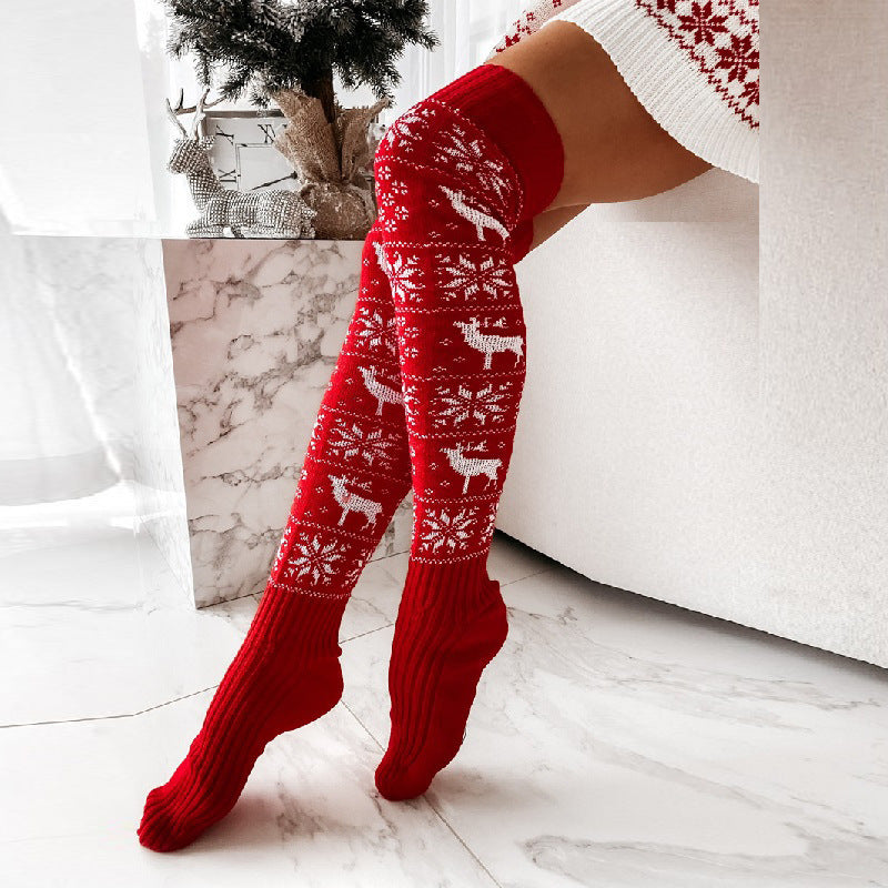 Winter Christmas Warm Knitted Women Stocking Beautiful Elk Snowflake Jacquard Over-the-knee Casual Long Socks For Ladies Gifts Free Size BargainsRule