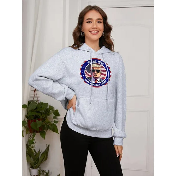 Women Basic Sweatshirt Casual Hooded Sweatshirt Autumn Winter Padded Long Sleeve Trump Circle Portrait Printed Top Oversize