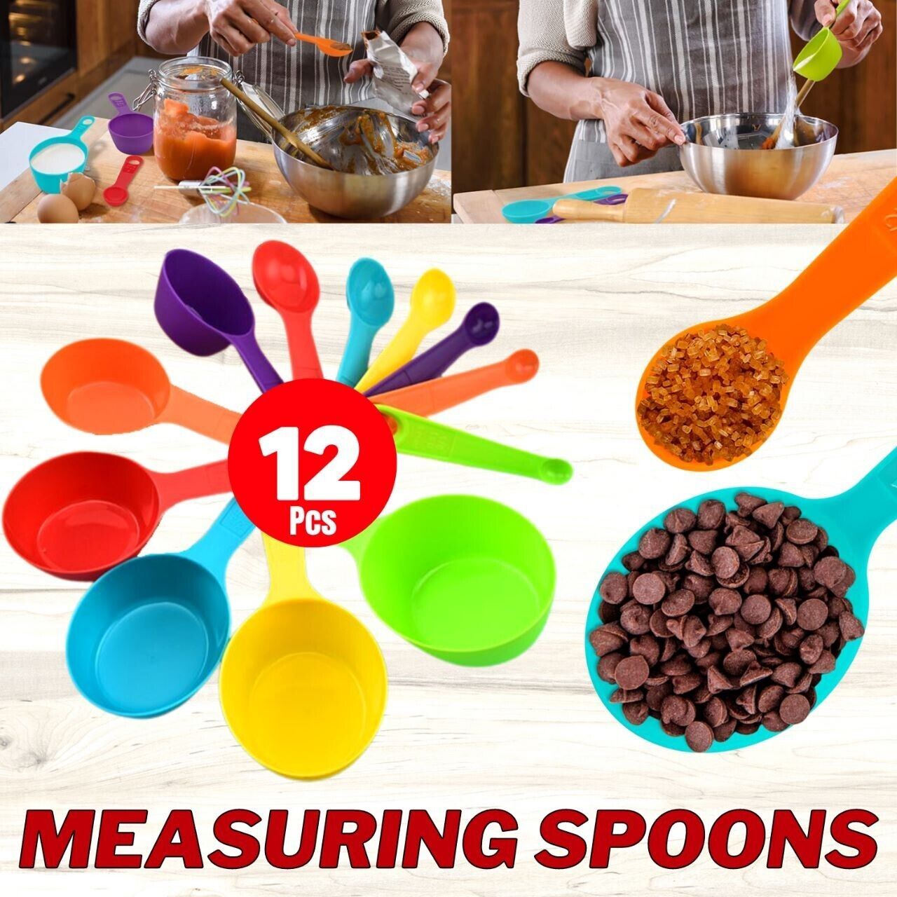 Multi-Color Measuring Cups And Spoons 12 Piece Set Plastic Cooking Kitchen Tools