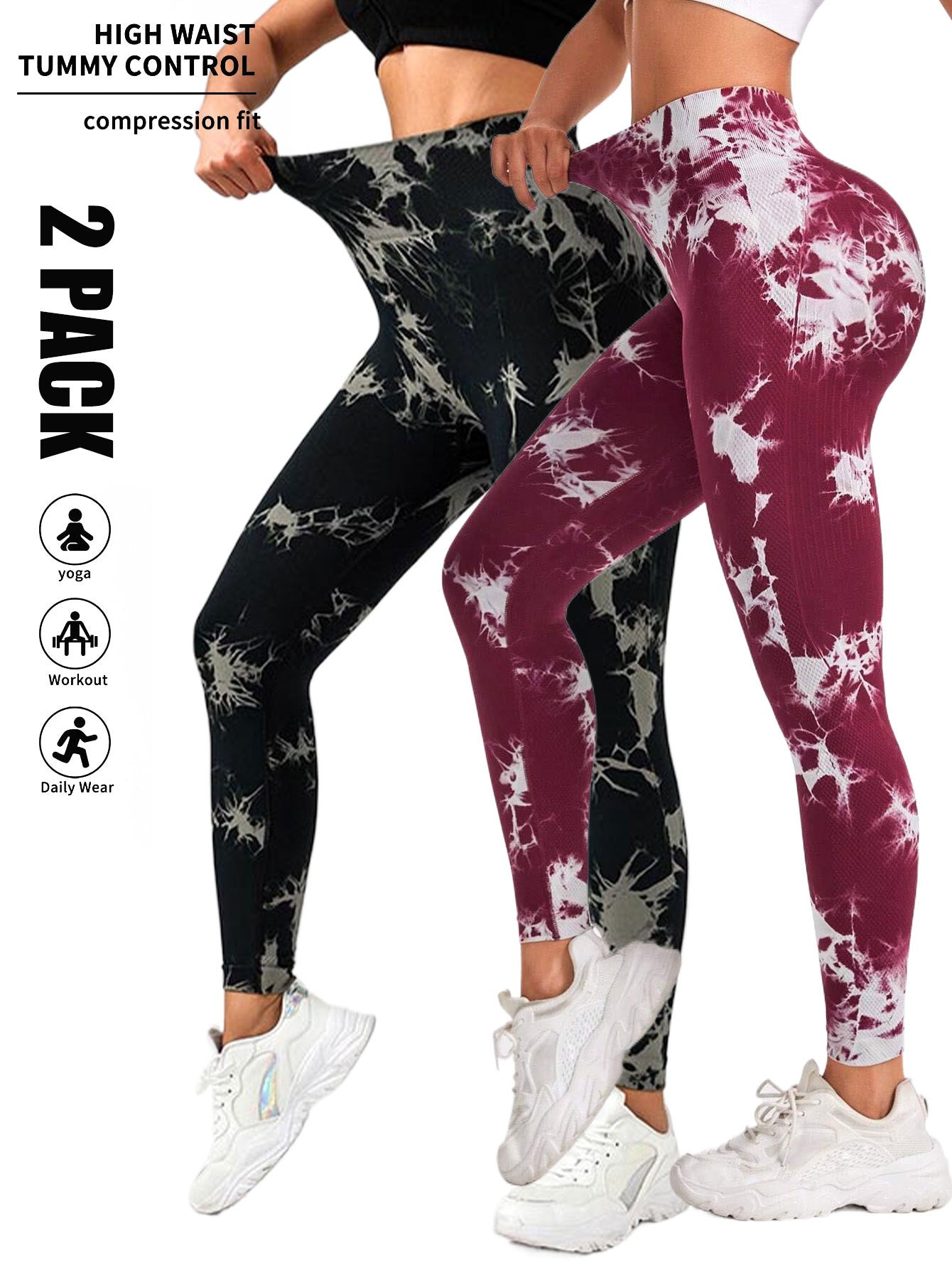 2 Pack Tie Dye Workout Seamless Leggings For Women High Waist Gym Leggings Yoga Pants, Seamless Leggings For Women High Waist Yoga Pants, Scrunch Butt Lifting Elastic Tights