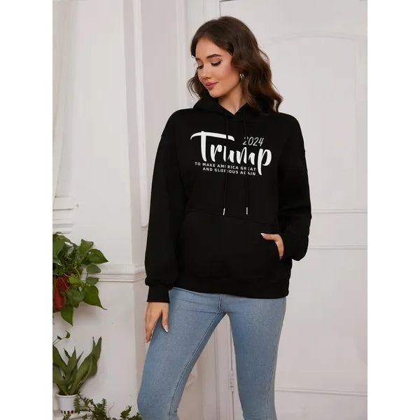 Women Basic Sweatshirt Casual Hooded Sweatshirt Autumn Winter Padded Long Sleeve Trump Alphabet Printed Top Oversize