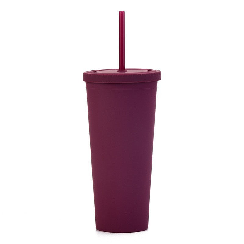 Double Layer Plastic Solid Color Simple Straw Cup